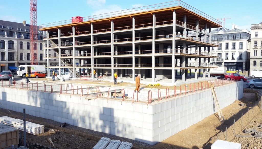 Chantier de gros oeuvres à Bruxelles montrant les fondations et la structure d'un bâtiment en construction