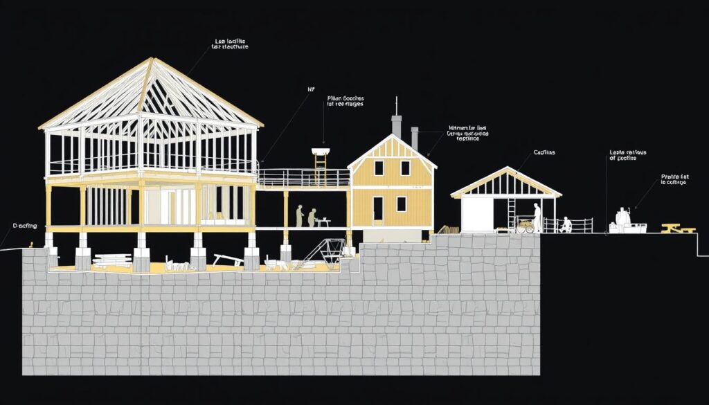 Schéma des différentes étapes du gros oeuvres à Bruxelles, des fondations à la toiture